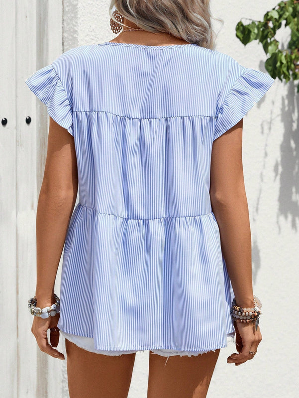 EMERY ROSE Blusa casual de verano con ribete de volantes decorados a rayas