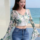 Dazy Designer Camisa corta de mujer estilo vacacional con estampado floral, mangas acampanadas y detalle de lazo