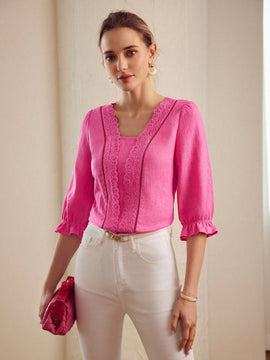 MOTF PREMIUM BLUSA DE MANGA ACAMPANADA CON PANEL SOLIDO Y DETALLES DE ENCAJE