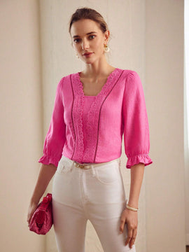 MOTF PREMIUM BLUSA DE MANGA ACAMPANADA CON PANEL SOLIDO Y DETALLES DE ENCAJE