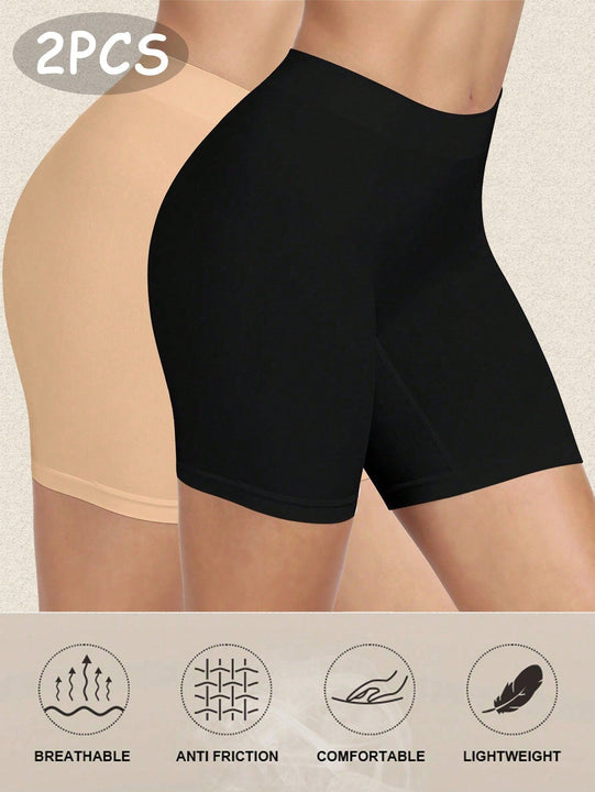 2 paquetes pantalones cortos de ciclista anchos de cintura solida sxy, para mujer debajo del vestido, bragas de ciclista lisas sin costuras y sin roces para mujeres