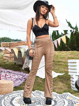 Essnce Pantalones Acampanados Plisados Casuales Para Damas Que Van A Acampar