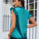 Clasi Blusa de saten con cuello de pie y mangas abullonadas para damas