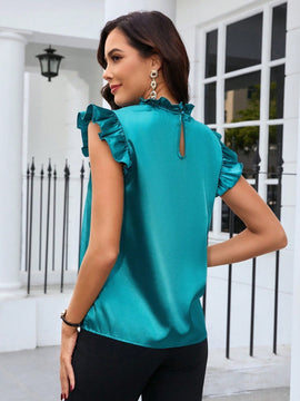 Clasi Blusa de saten con cuello de pie y mangas abullonadas para damas