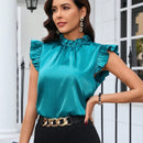 Clasi Blusa de saten con cuello de pie y mangas abullonadas para damas
