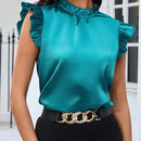 Clasi Blusa de saten con cuello de pie y mangas abullonadas para damas