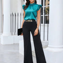 Clasi Blusa de saten con cuello de pie y mangas abullonadas para damas