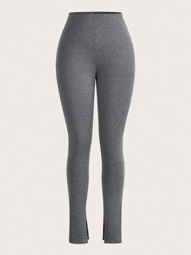 Slayr Pantalones largos informales de moda callejera para mujer con ajuste cenido, bolsillos traseros y aberturas en el dobladillo, color gris