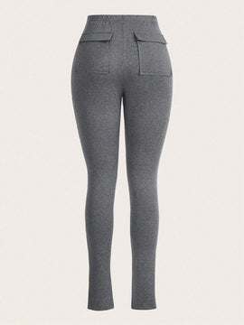 Slayr Pantalones largos informales de moda callejera para mujer con ajuste cenido, bolsillos traseros y aberturas en el dobladillo, color gris