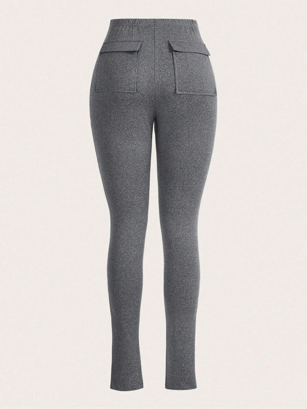 Slayr Pantalones largos informales de moda callejera para mujer con ajuste cenido, bolsillos traseros y aberturas en el dobladillo, color gris