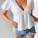 Essnce Camisa de mujer con cuello en V de manga abullonada y unicolor, a la moda