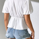 Essnce Camisa de mujer con cuello en V de manga abullonada y unicolor, a la moda