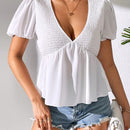Essnce Camisa de mujer con cuello en V de manga abullonada y unicolor, a la moda