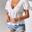 Essnce Camisa de mujer con cuello en V de manga abullonada y unicolor, a la moda