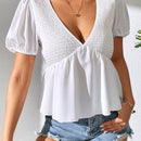 Essnce Camisa de mujer con cuello en V de manga abullonada y unicolor, a la moda