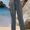 Emery rose pantalones largos casuales rectos y sueltos con cintura elastica, bolsillos y estampado de tenido anudado para mujer