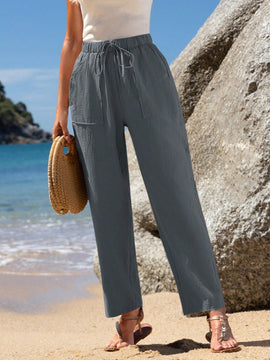 Emery rose pantalones largos casuales rectos y sueltos con cintura elastica, bolsillos y estampado de tenido anudado para mujer