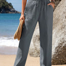 Emery rose pantalones largos casuales rectos y sueltos con cintura elastica, bolsillos y estampado de tenido anudado para mujer