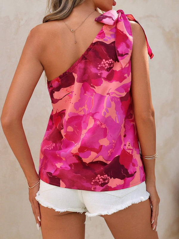 Blusa elegante asimetrica de cuello rosa con estampado floral y nudo frontal para vacaciones de verano