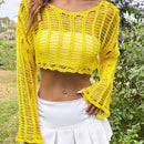 EZwear Sueter de mujer holgado para vacaciones de manga larga y hombros caidos, con tejido calado para primavera/verano y corte corto