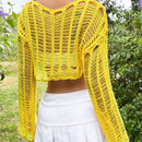 EZwear Sueter de mujer holgado para vacaciones de manga larga y hombros caidos, con tejido calado para primavera/verano y corte corto