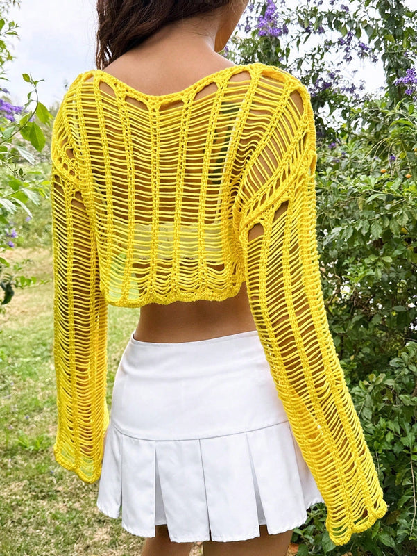 EZwear Sueter de mujer holgado para vacaciones de manga larga y hombros caidos, con tejido calado para primavera/verano y corte corto