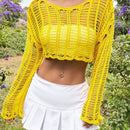 EZwear Sueter de mujer holgado para vacaciones de manga larga y hombros caidos, con tejido calado para primavera/verano y corte corto