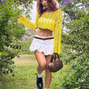 EZwear Sueter de mujer holgado para vacaciones de manga larga y hombros caidos, con tejido calado para primavera/verano y corte corto