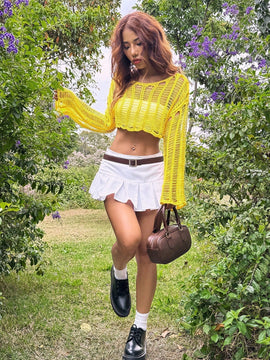 EZwear Sueter de mujer holgado para vacaciones de manga larga y hombros caidos, con tejido calado para primavera/verano y corte corto
