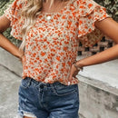 LUNE Camisa informal de verano para vacaciones con mangas de hojas de loto y cuello redondo para mujer con estampado floral