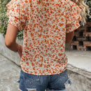 LUNE Camisa informal de verano para vacaciones con mangas de hojas de loto y cuello redondo para mujer con estampado floral