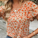 LUNE Camisa informal de verano para vacaciones con mangas de hojas de loto y cuello redondo para mujer con estampado floral