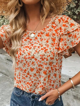 LUNE Camisa informal de verano para vacaciones con mangas de hojas de loto y cuello redondo para mujer con estampado floral