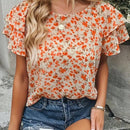 LUNE Camisa informal de verano para vacaciones con mangas de hojas de loto y cuello redondo para mujer con estampado floral