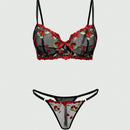 ROMWE Kawaii Conjunto de sujetador y panty de malla transparente con bordado de cerezas