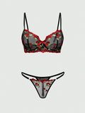 ROMWE Kawaii Conjunto de sujetador y panty de malla transparente con bordado de cerezas