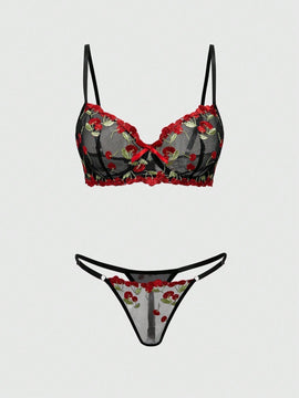 ROMWE Kawaii Conjunto de sujetador y panty de malla transparente con bordado de cerezas