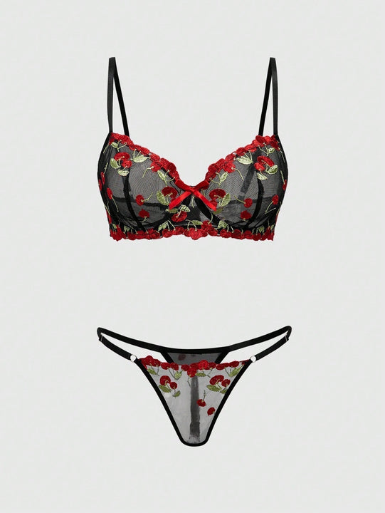 ROMWE Kawaii Conjunto de sujetador y panty de malla transparente con bordado de cerezas