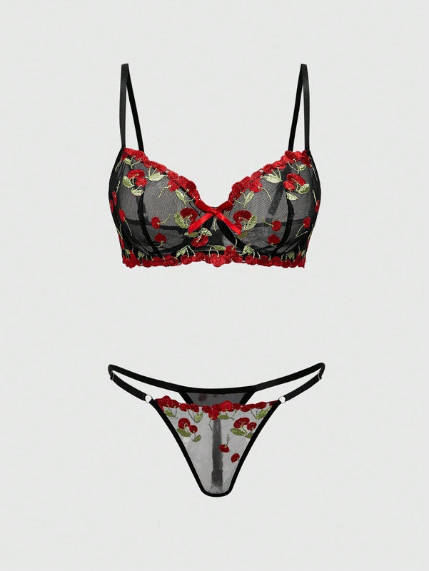 ROMWE Kawaii Conjunto de sujetador y panty de malla transparente con bordado de cerezas