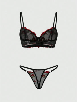 ROMWE Kawaii Conjunto de sujetador y panty de malla transparente con bordado de cerezas