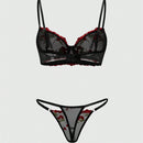 ROMWE Kawaii Conjunto de sujetador y panty de malla transparente con bordado de cerezas