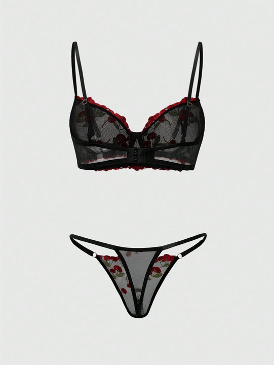 ROMWE Kawaii Conjunto de sujetador y panty de malla transparente con bordado de cerezas
