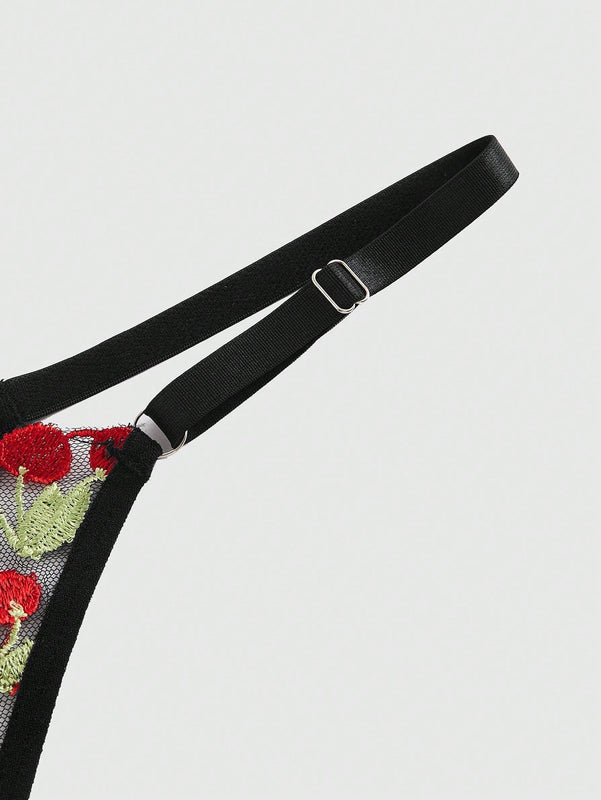 ROMWE Kawaii Conjunto de sujetador y panty de malla transparente con bordado de cerezas