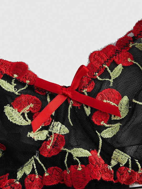 ROMWE Kawaii Conjunto de sujetador y panty de malla transparente con bordado de cerezas