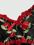 ROMWE Kawaii Conjunto de sujetador y panty de malla transparente con bordado de cerezas