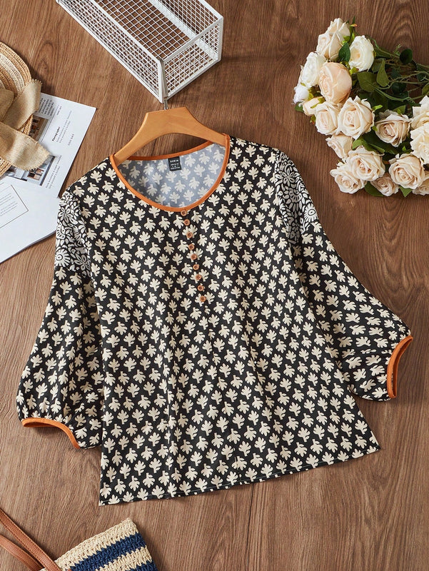 Prive Camisa casual de cuello redondo para mujeres con ribete de contraste para las vacaciones