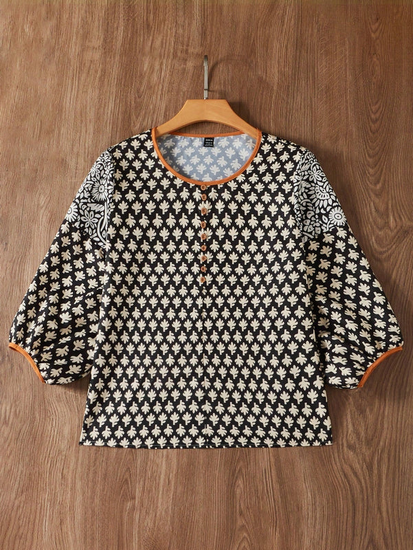Prive Camisa casual de cuello redondo para mujeres con ribete de contraste para las vacaciones