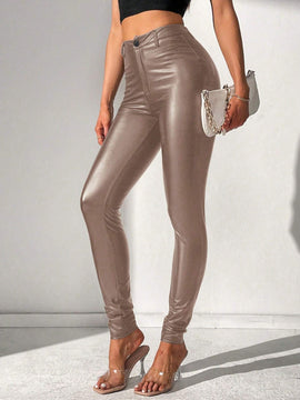 Tall Pantalones largos y ajustados de cintura alta en color champan para mujeres con estilo de moda de fiesta