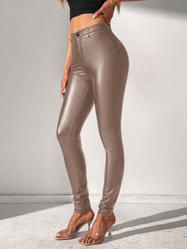 Tall Pantalones largos y ajustados de cintura alta en color champan para mujeres con estilo de moda de fiesta