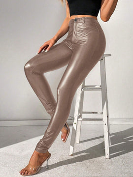 Tall Pantalones largos y ajustados de cintura alta en color champan para mujeres con estilo de moda de fiesta